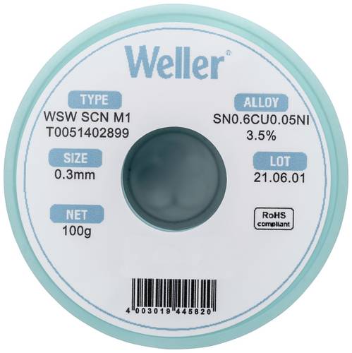 Weller T0051402899 Lötzinn, bleifrei bleifrei, Spule Sn0,6Cu0,05Ni 100g 0.30mm