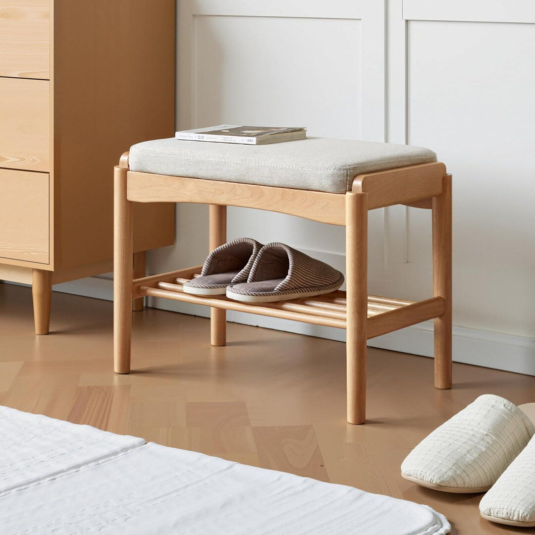 East Urban Home Upholstered Bench with Shoe Storage and Shelves Natural Oak 45cm