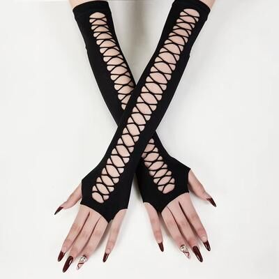 Inspired Finds Midnight Muse Long Lace Fingerless Gloves For Nightclub, Party & Cosplay black