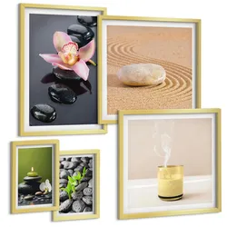 BILDER SET 5er Set - 50x50 cm & 20x30 cm & 40x60 cm Goldrahmen - Der Frieden der Natur mit Buddha