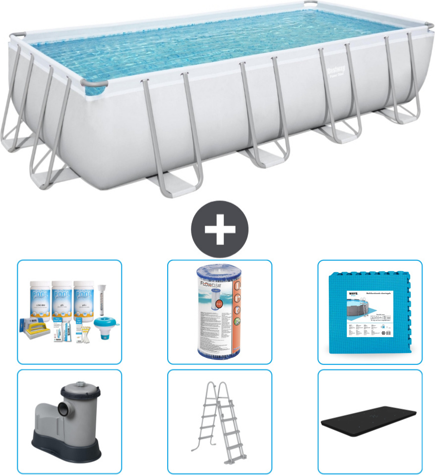 Bestway Rechteckiges Power Steel-Schwimmbecken - 549 x 274 x 122 - Grau - inklusive Pumpe - Leiter - Abdeckung Wartungspaket - Filter - Bodenfliesen