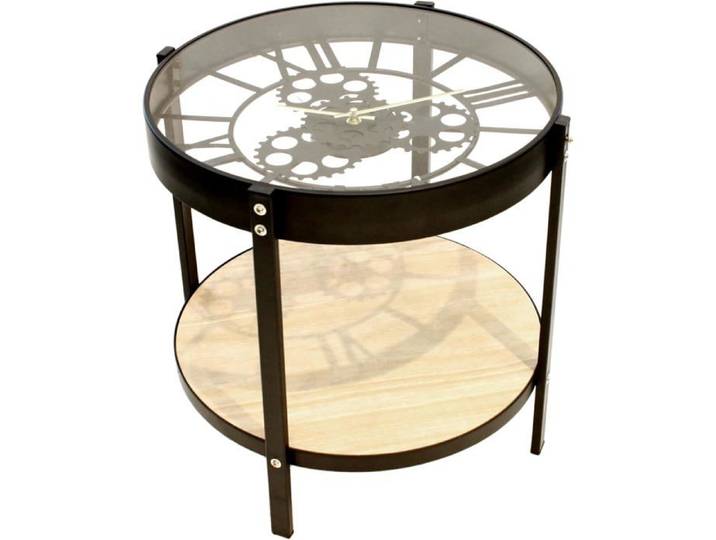 Table Basse D'Appoint Ronde Horloge Petit Modèle Noir Métal Et Verre Table Basse D'Appoint Ronde Motif Horloge Petit Modèle Salon