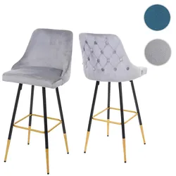 2er-Set Barhocker HWC-E70, Barstuhl Tresenhocker, Retro Design Samt goldene Streben/Füße ~ grau