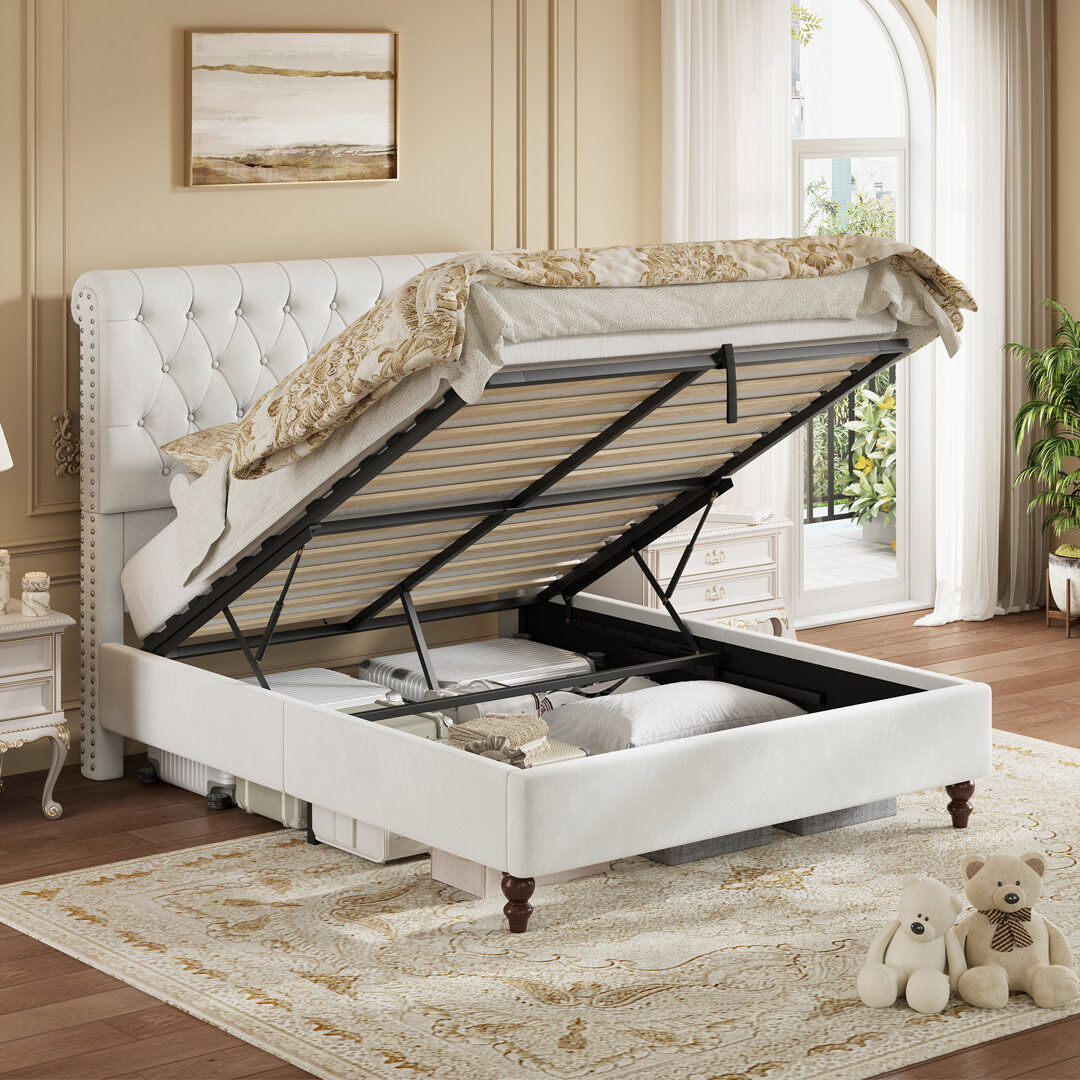17 Stories Velvet Ottoman Storage Bed With Button-Tufted Scroll Headboard White Double (4'6)