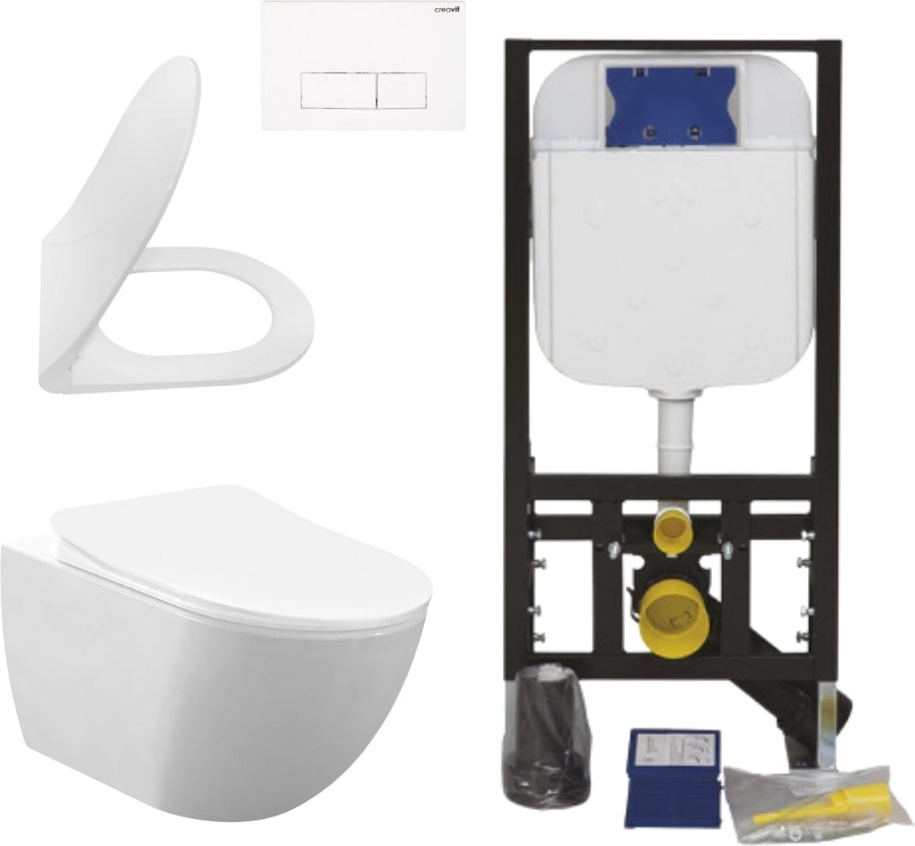 Creavit Hangtoiletset Wit met Rim-Off systeem, soft-close toiletbril en inbouwreservoir 3/6 liter, compleet