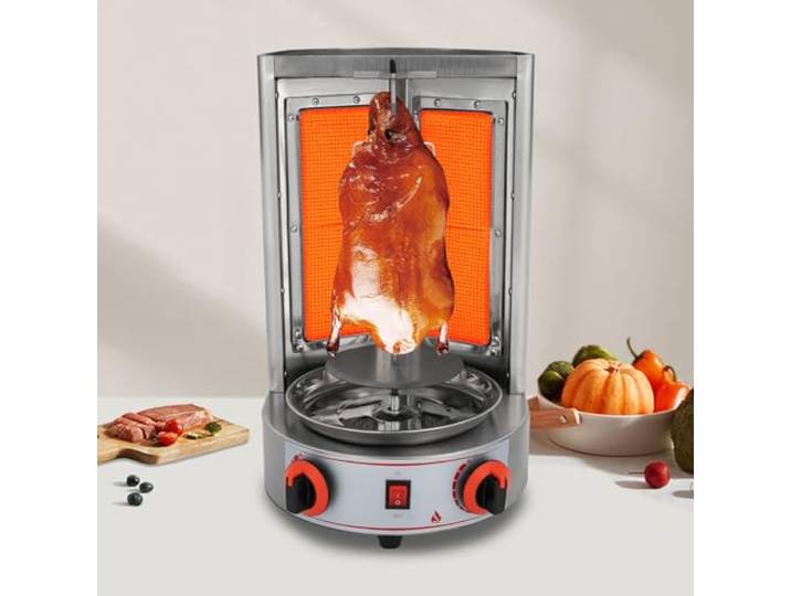 Dönergrill Gas Kebab Grill Maschine, 4300W Drehspieß Grill Hähnchengrill Edelstahl Vertikalgrill Dönerspieß Für Zuhause mit Mittelspieß & Öltropfschale, Tischgrill für Gegrillt Huhn, Lamm, Rindfleisch