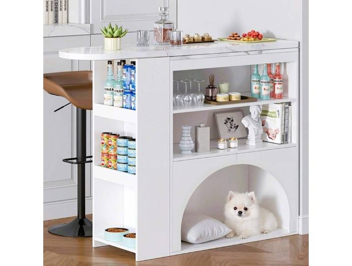 Table Bar Extensible-Pivotante Moderne Modulable-Plateau Marbre Design-Espace Intégré Animaux-120x40x100cm Blanche-Sans Accessoires