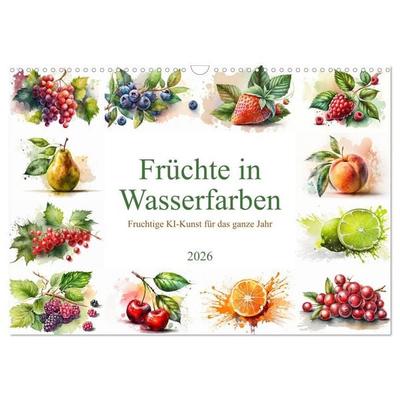 Früchte in Wasserfarben - Fruchtige KI-Kunst für das ganze Jahr (Wandkalender 2026 DIN A3 quer), CALVENDO Monatskalender