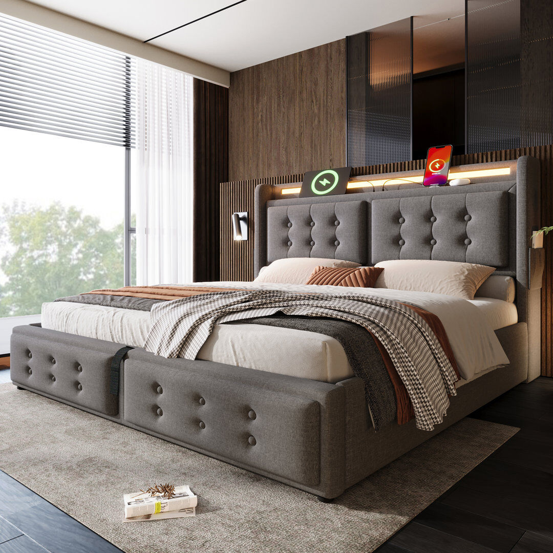 17 Stories Upholstered Linen Ottoman Bed Grey 5FT