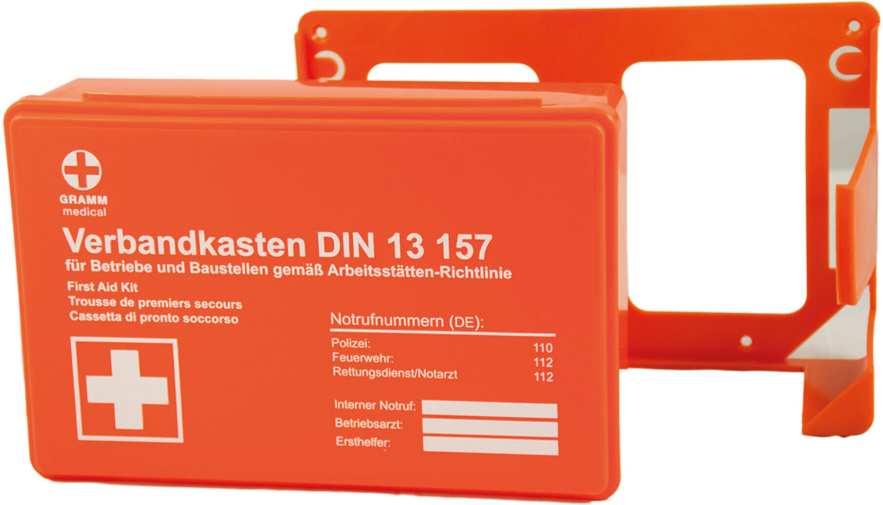 GRAMM medical Betriebsverbandkasten MINI + Wandhalterung, orange, DIN 13 157 (418.035.01511)