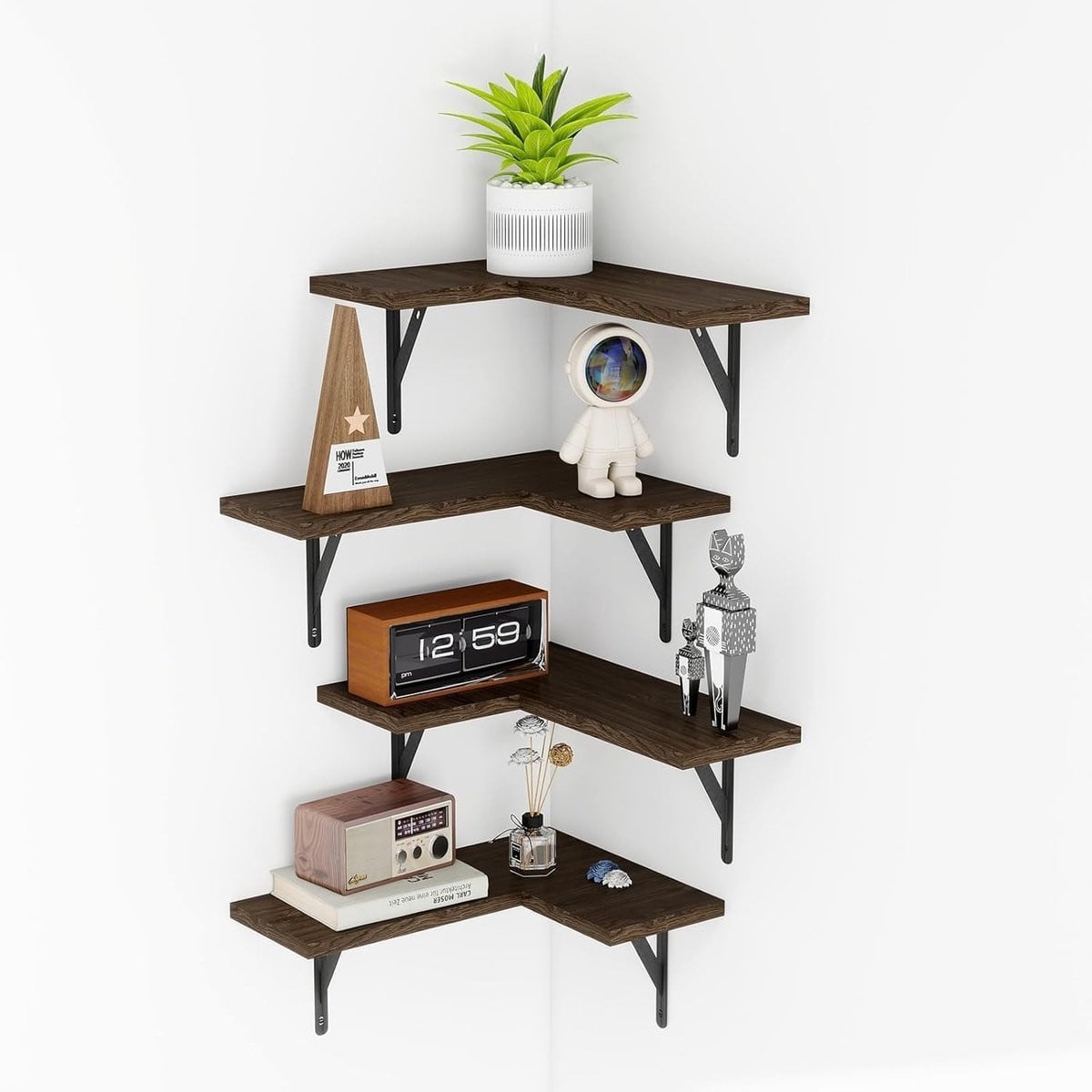 Set van 3 L-vormige zwevende houten hoekrekken voor keuken, woonkamer of badkamer, 40 x 30 cm