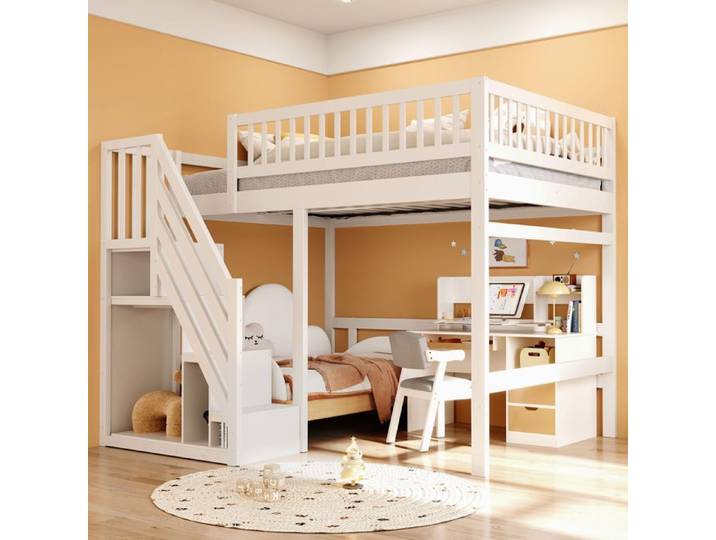 Lit combiné - TRUXEN8 - Bois massif - Escalier rangement - Blanc