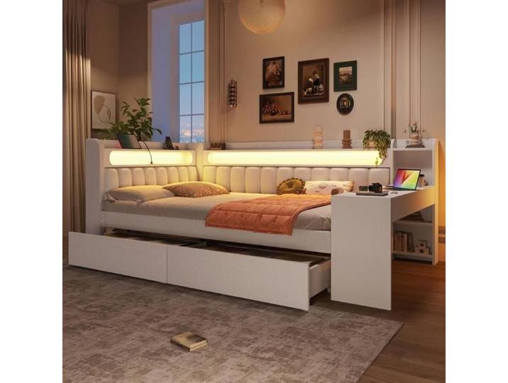 Lit banquette - KOMHTOM - Daybed - 140x200 cm - LED 7 couleurs + USB - 2 tiroirs