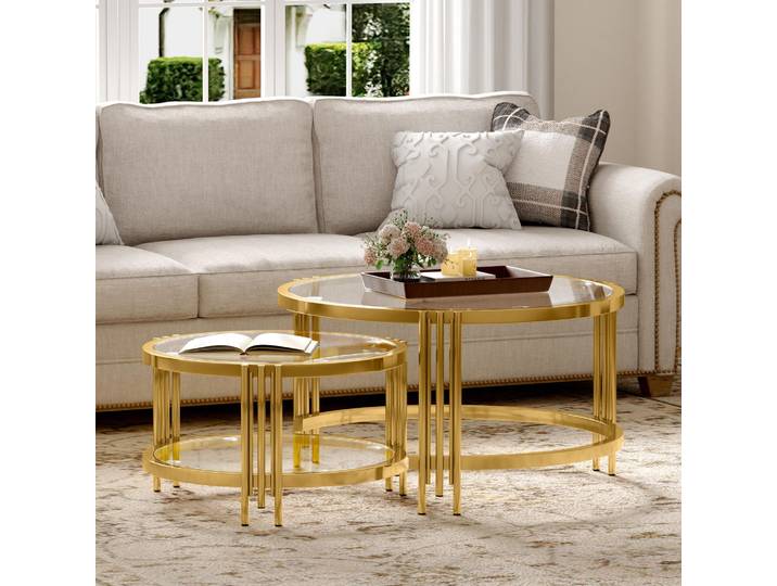 STILVORA Runden Couchtisch Set Gold, Beistelltisch Set flexibles 2er-Set für gemeinsame oder separate Nutzung, Sofatisch mit Glasplatte