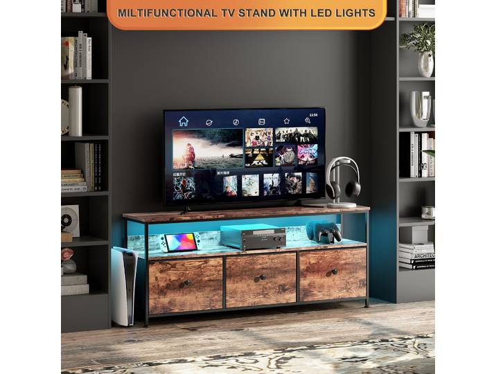 Meuble TV Lazyspace 108 cm avec lumière LED et 3 tiroirs, supports TV avec tiroirs en tissu, Muebles De Salon pour le salon