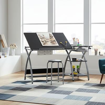 Studio Designs Deluxe Craft Station with Stool, Adjustable Drafting Desk with Metal Drawers Storage Steel Frame MDF Top