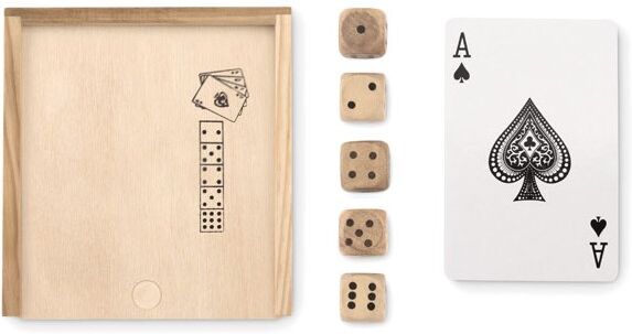 Jeu de cartes personnalisé avec 5 dés LAS VEGAS Bois
