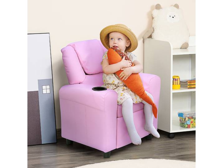 HOMCOM Fauteuil pour Enfants, Mini Fauteuil, Canapé pour Enfants de 3-6 Ans, Fonction de Couchage, Porte-Gobelet Intégré, Rose, 62 x 56 x 69 cm