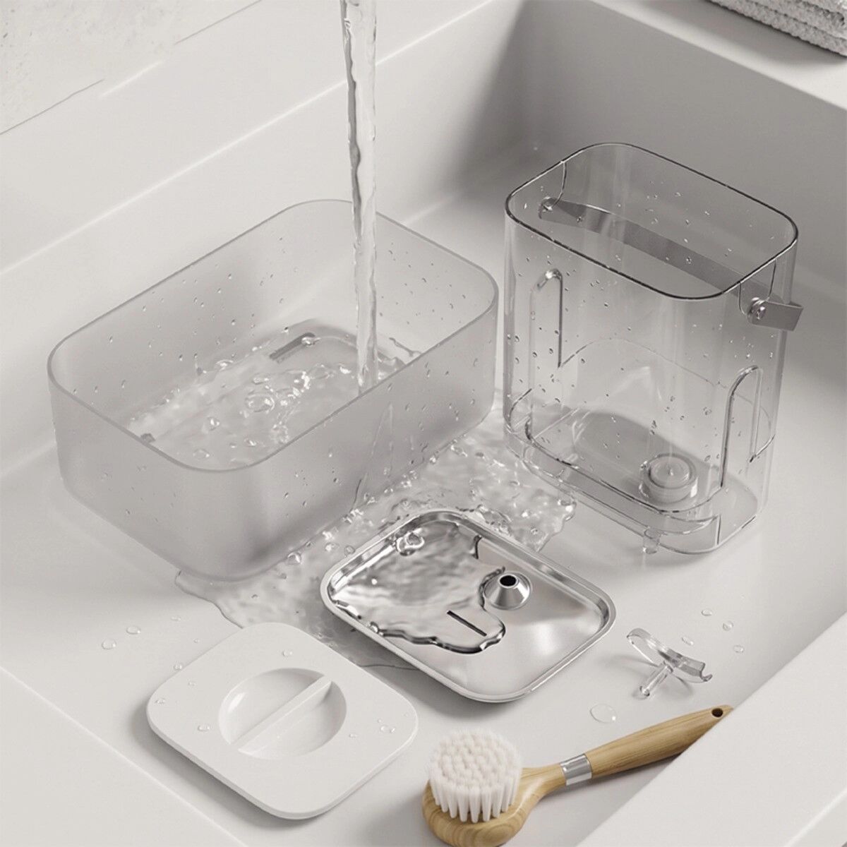 INF Fontaine à eau pour animaux avec séparation eau propre/eaux usées, détection radar et bol en acier inoxydable SUS304 Blanc
