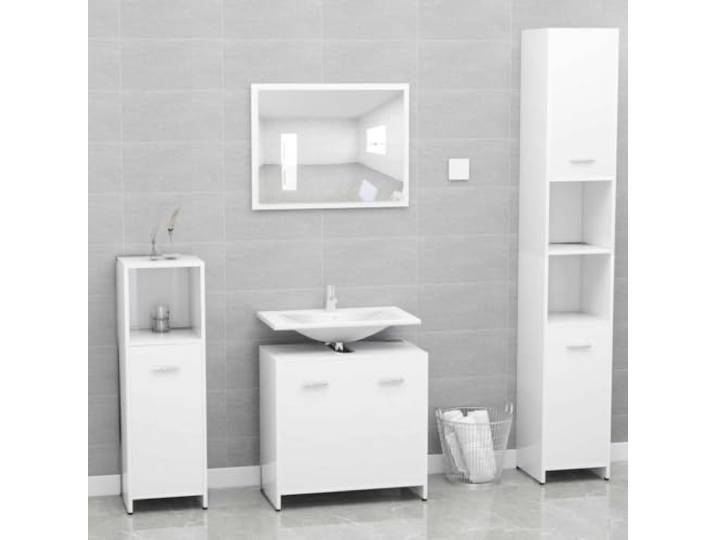 Badmöbel-Set Weiß Holzwerkstoff mit Spiegel und Schrank 1 Fach 2 Türen Stabiler Holzwerkstoff, pflegeleichte Oberfläche, Griffe an Türen, klare Linien, schlichtes Design