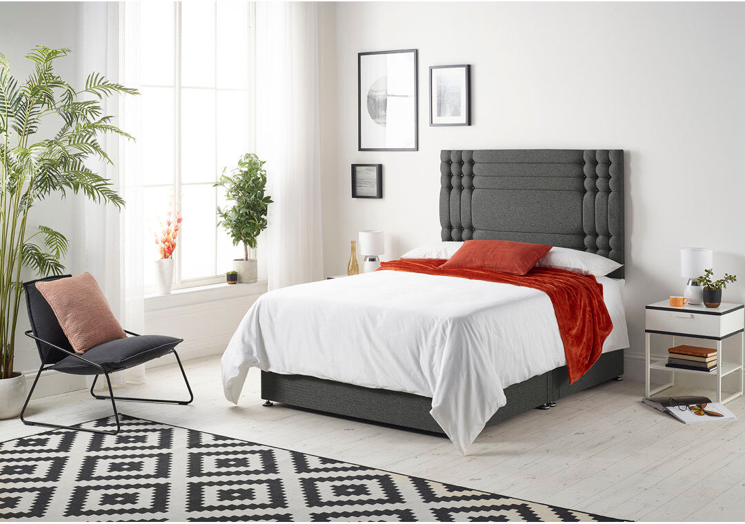 Ebern Designs Dennishia Tweed Fabric Divan Bed with Mattress No Headboard Charcoal Single (3')
