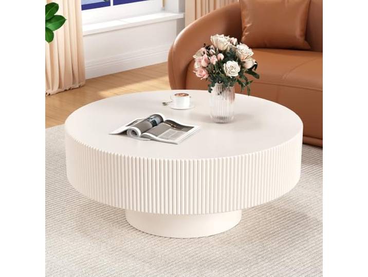 RZTPYS Runder Couchtisch Moderner Trommel-Couchtisch, Weißer 78,5 cm Hölzerner Mitteltisch Mit Geriffeltem Design, Runder Teetisch Für Wohnzimmer Kleine Räume, Schlafzimmer, Wohnung