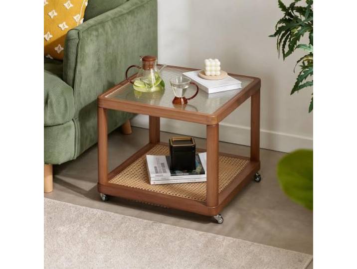 Nesting‑Couchtisch‑Set, runder Teetisch mit Rädern für kleine Räume Braunes geriffeltes Glas, bewegbares Nesting‑Design, Rattan‑Zierrahmen(Small)