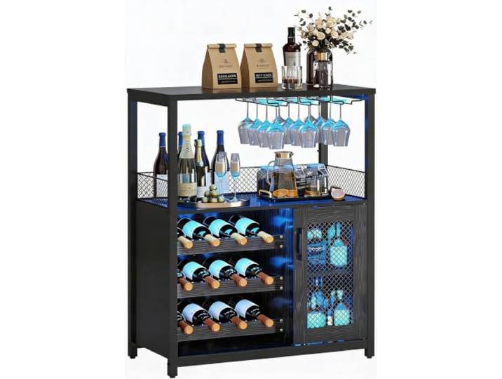 JustSmart Weinschrank 3-stufiger Barschrank Weinregal mit Weinglashalter Glas-Schranktür, Metallgestell, 72x35x90cm, Sideboard für Weinflaschen, Wohnzimmer & Küche, Schwarz