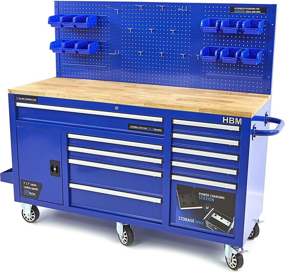 HBM Werkbank met wielen, gereedschapskast en paneel, blauw, 158 cm