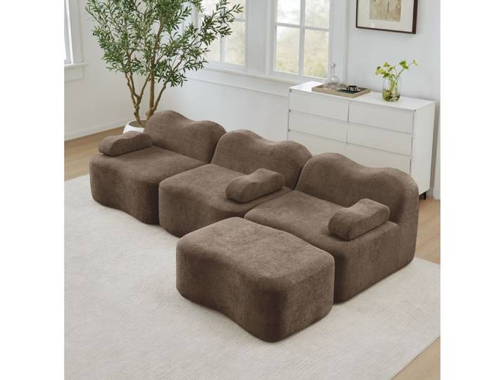 WOVREO Canape d'angle modulable 3 places avec pouf velours marron mousse haute densite 32D assise profonde