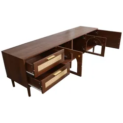 OKWISH TV-Schrank 180x40x50cm mit LED-Beleuchtung, 2 Rattan-Schubladen, 3 Türen, 8 stabile Beine, Aufbewahrung für Multimedia-Geräte, Wohnzimmermöbel, Braun