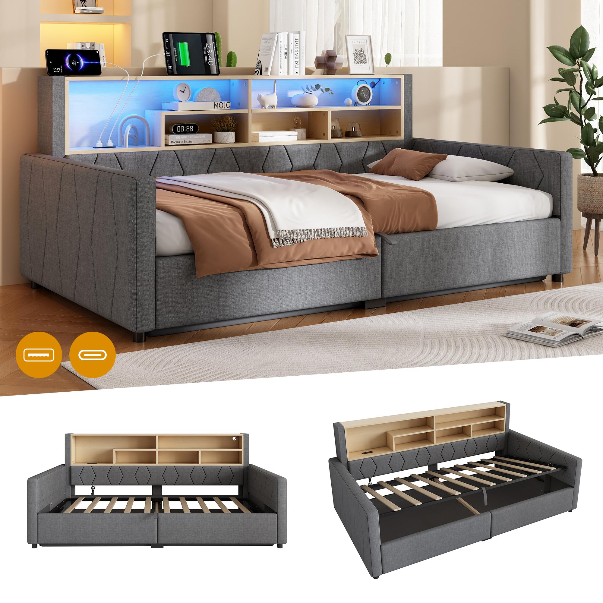 Tagesbett, 90 x 200 cm, Hydraulische Lagerung, Steckdose, mit USB-Anschluss, Mit LED-Lichtleiste, ohne Matratze, Leinen, Grau