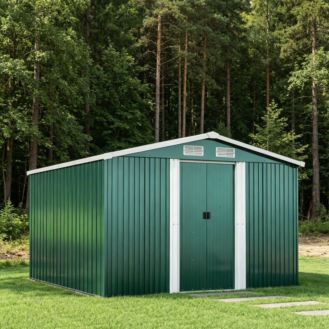 Garden Sanctuary Dark Green Garden Storage 8 ft. W + 7 ft. D Metal Tool Shed Green 257cm W X 205cm D X 177cm H