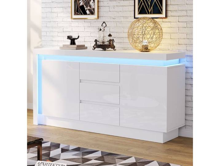Buffet blanc laqué 140×35×72 cm 3 tiroirs 2 portes LED rangement séjour chambre MEUBLE A CASIER