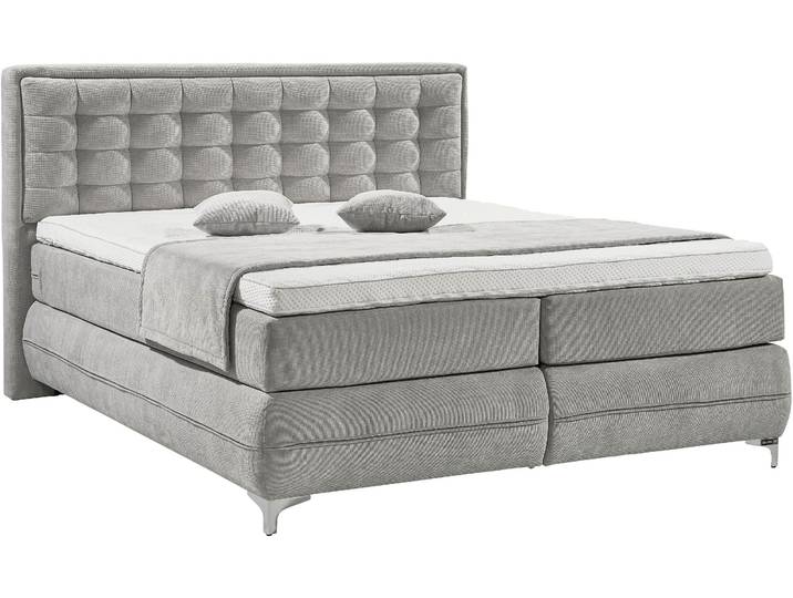 Boxspringbett MUSTERRING Dubai , grau (d 041 grau), B:217cm L:214cm, Komplettbetten, Boxspringbett, Winkelfuss in Chrom, 3 Härtegrade, Kopfteil in Kassettensteppung