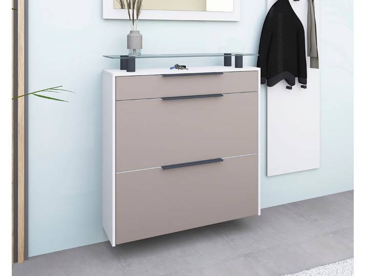Schuhschrank BORCHARDT MÖBEL Tom, Hängeschrank mit Glasablage und Metallgriffen , beige (weiß matt, cappuccino), B:89cm H:96cm T:24cm, Holzwerkstoff, Schränke, Schuhschrank