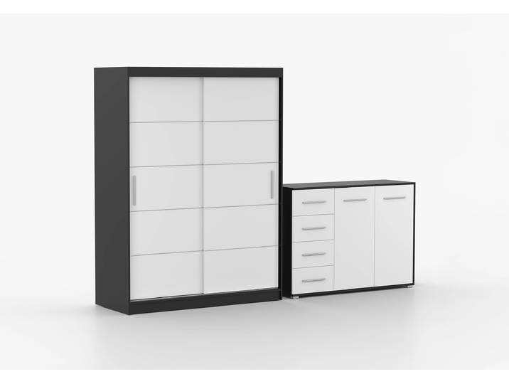 Schwebetürenschrank und Kommode 2-er Set VISTA 06/FRIDA 01 Schwarz Weiß