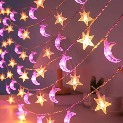 Inspire Curations Pink Moon And Star String Lights Battery Powered Fairy Decor warm Pink 1pc 1.5m10led