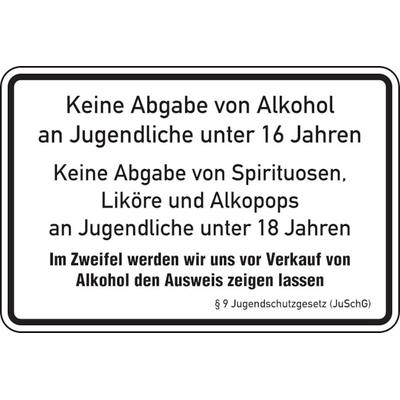 Aushang, Keine Abgabe von Alkohol an Jugendliche - JuSchG - 300x200x0.45 mm Aluminium geprägt