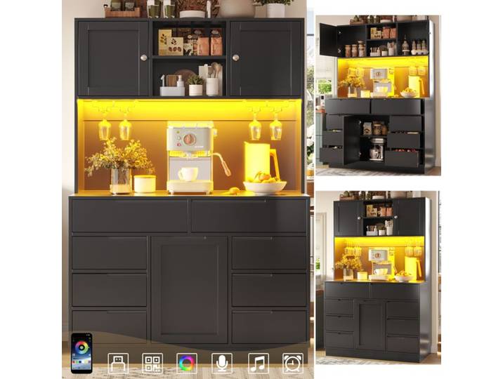 Armoire haute de cuisine - Éclairage LED intelligent - 8 tiroirs - Étagères réglables - Fermeture magnétique