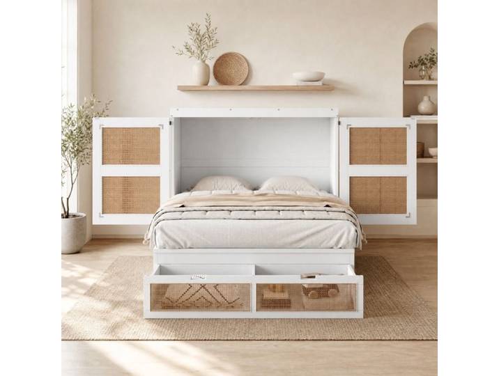 Lit Escamotable 140x200 cm Blanc - Murphy Bed avec Lattenrost Design Rattan et Tiroirs de Rangement
