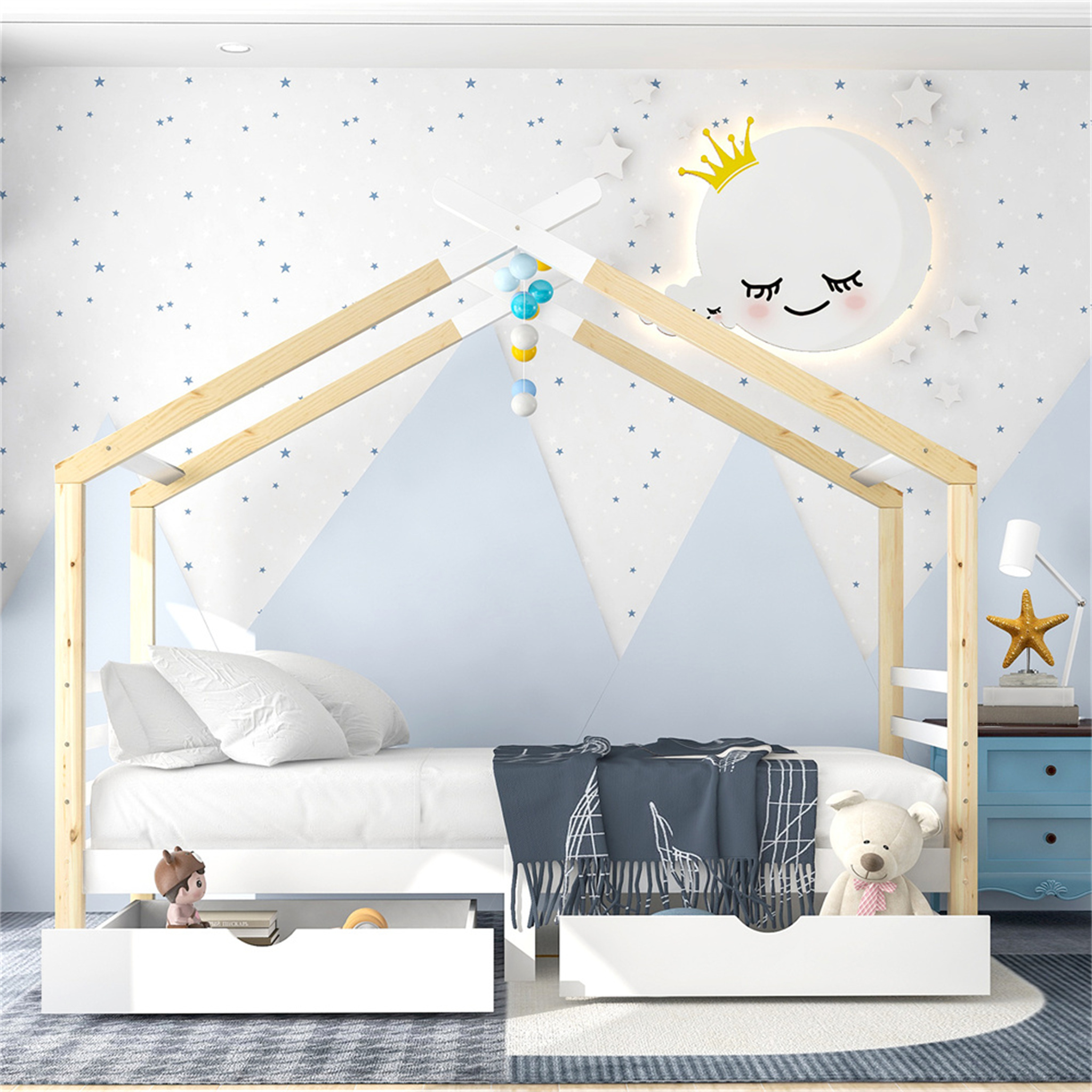 Jugendbett Kinderbett Hausbett mit Schubladen, Massivholz mit Lattenrost, Kiefernholz Hausbett, Kinder und Jugendzimmer, weiß+holzfarbe