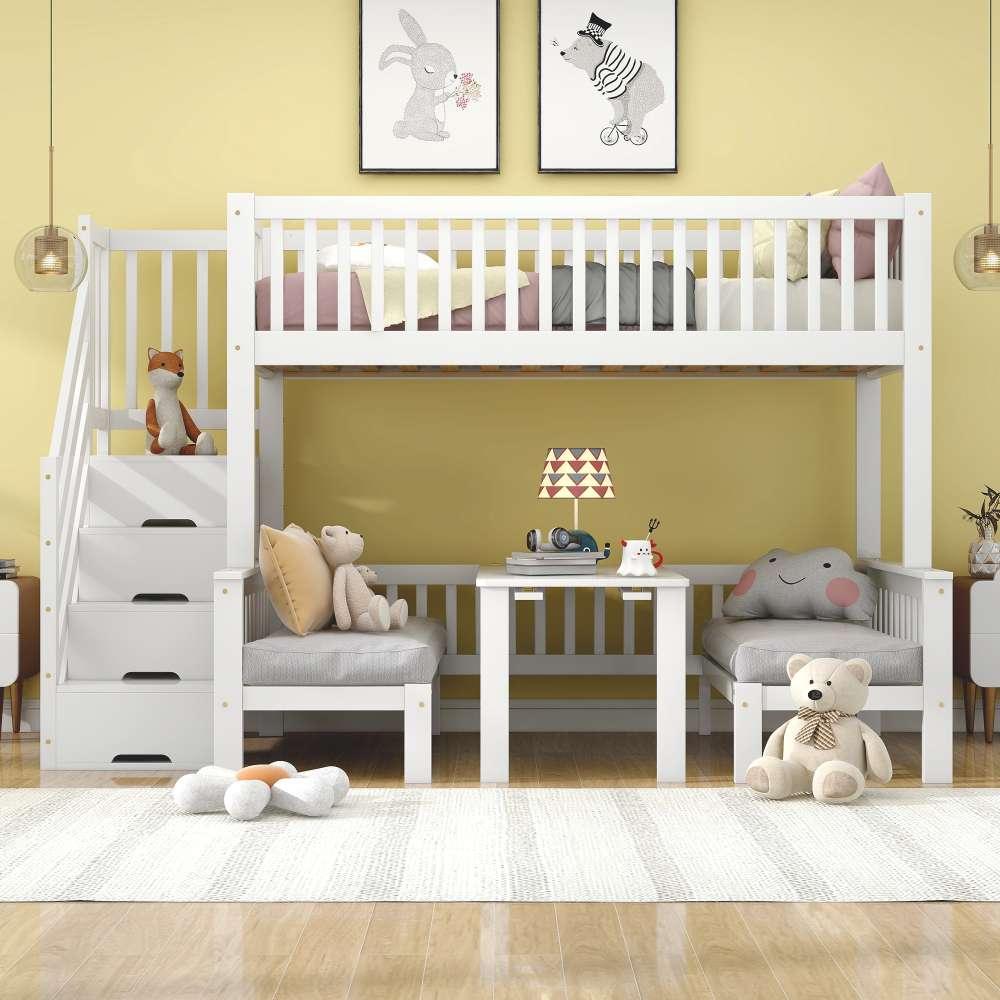 Hochbett für Kinder mit verstellbarem Tisch und stabiler Aufbewahrungstreppe aus Kiefer, mit Sicherheitsgeländer, Weiß, 90x200 & 120x200