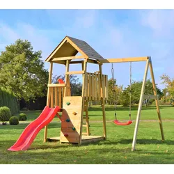 Wendi Toys Holz Spielturm Panda | inkl. Rutsche, Kletterwand und Schaukel | Natur | 290x270x270 cm - Natur