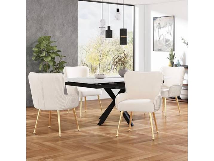 Ball & Cast Samt Esszimmerstühle (4er Set), Gepolsterte Wohnzimmerstühle mit Vertikalen Streifen, Luxuriöser Esszimmerstuhl mit Bequemer Rückenlehne, Beige