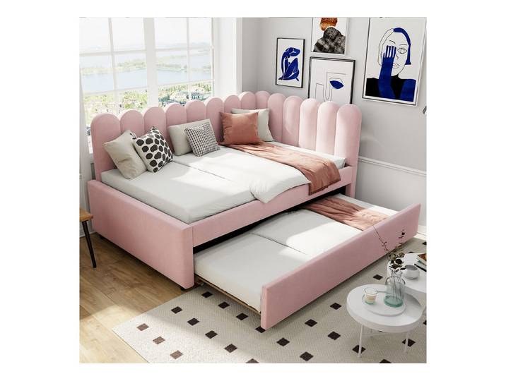 Odikalo Schlafsofa PolsterJugendbett Ausziehbares Schlafcouch L-Form Kopfteil Wolkenform, Samtrosa Platzsparendes Design Kann als Kinderbett oder Gästebett genutzt warden