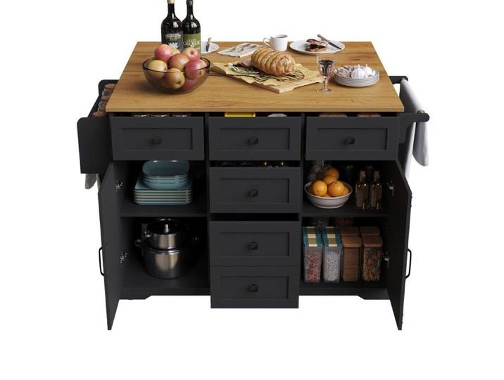 Chariot de cuisine multifonctionnel noir buffet mobile avec rangement spacieux et finition bois pour salon/salle à manger