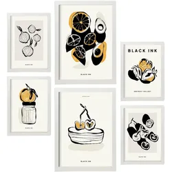 POSTER Set Mit 6 In Schwarzer Tinte Snack Künstlerische Und Abstrakte Drucke Für Innenarchitektur A3 & A4 Weißer Rahmen