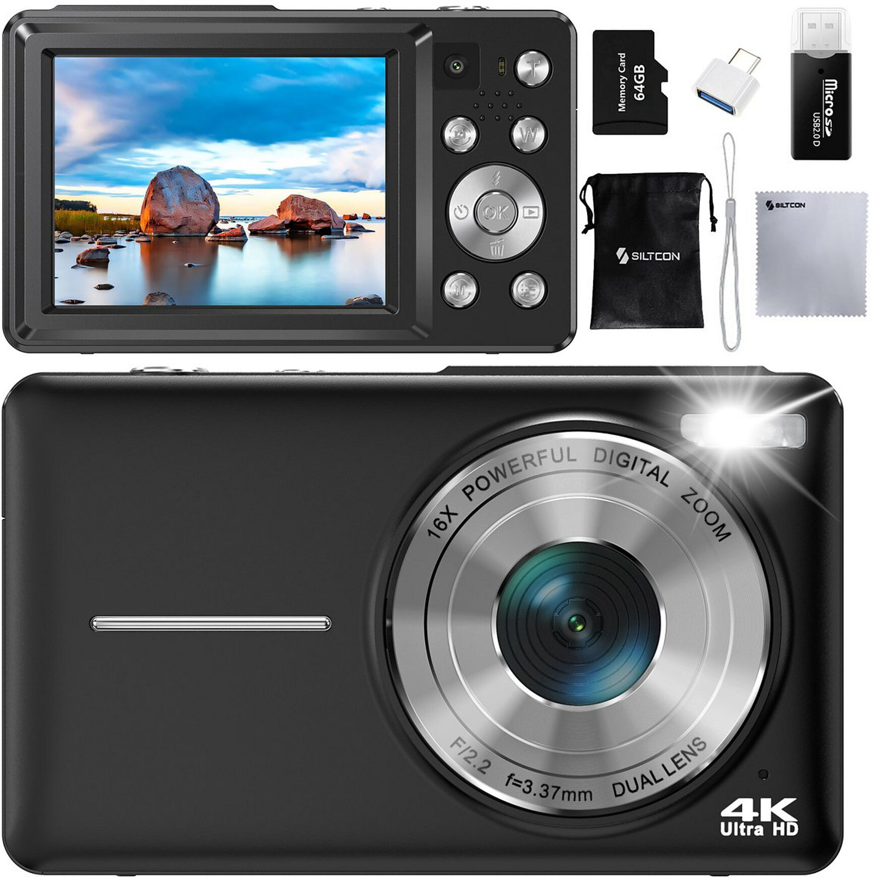 Siltcon® Digitalkamera 4K 64MP – Dualobjektiv, 16x Zoom, 64GB SD – Schwarz