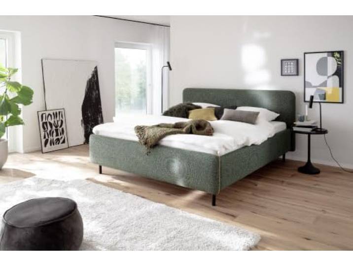 Meise Möbel Polsterbett Primo 160x200 cm Kopfteil & Fußteil mit Keder Strukturstoff Dunkelgrün Metallfuß schwarz